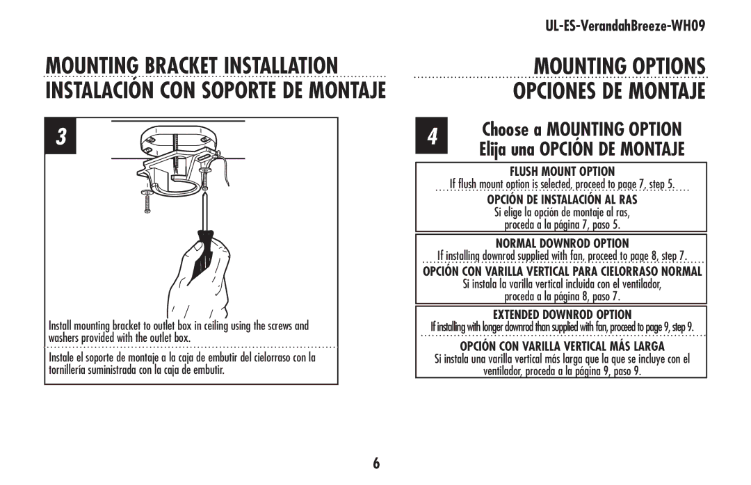 Westinghouse UL-ES-VerandahBreeze-WH09 owner manual Mounting Options, Opciones DE Montaje 